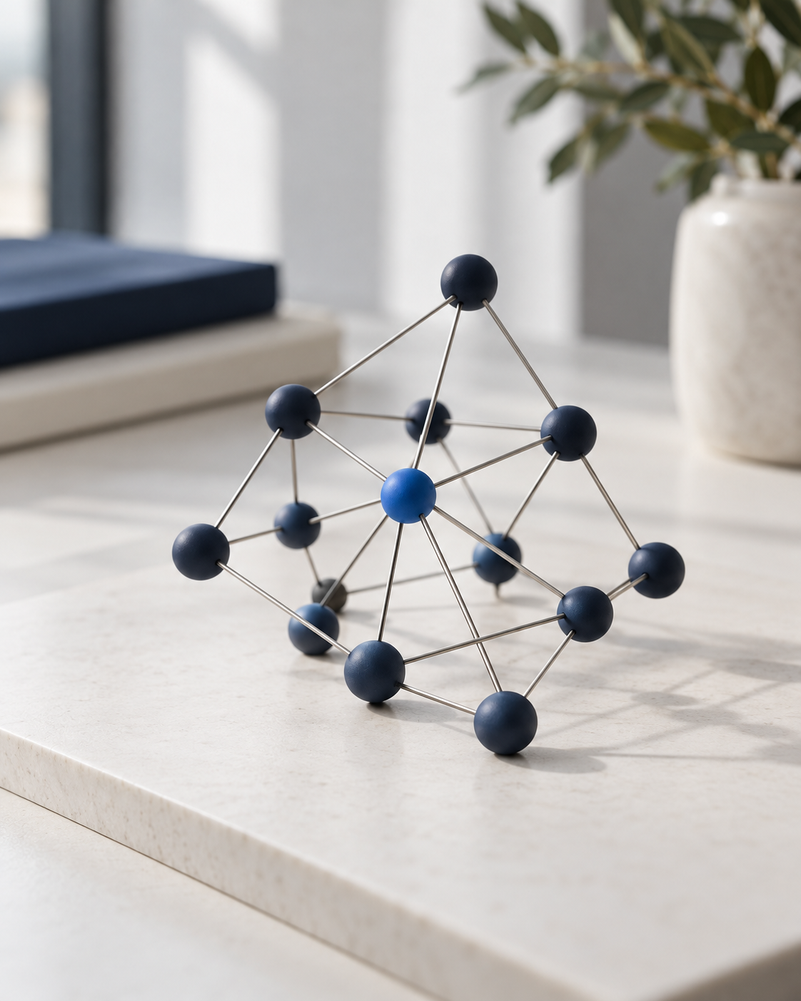 Conceptual physical network sculpture with navy nodes and one blue connection point