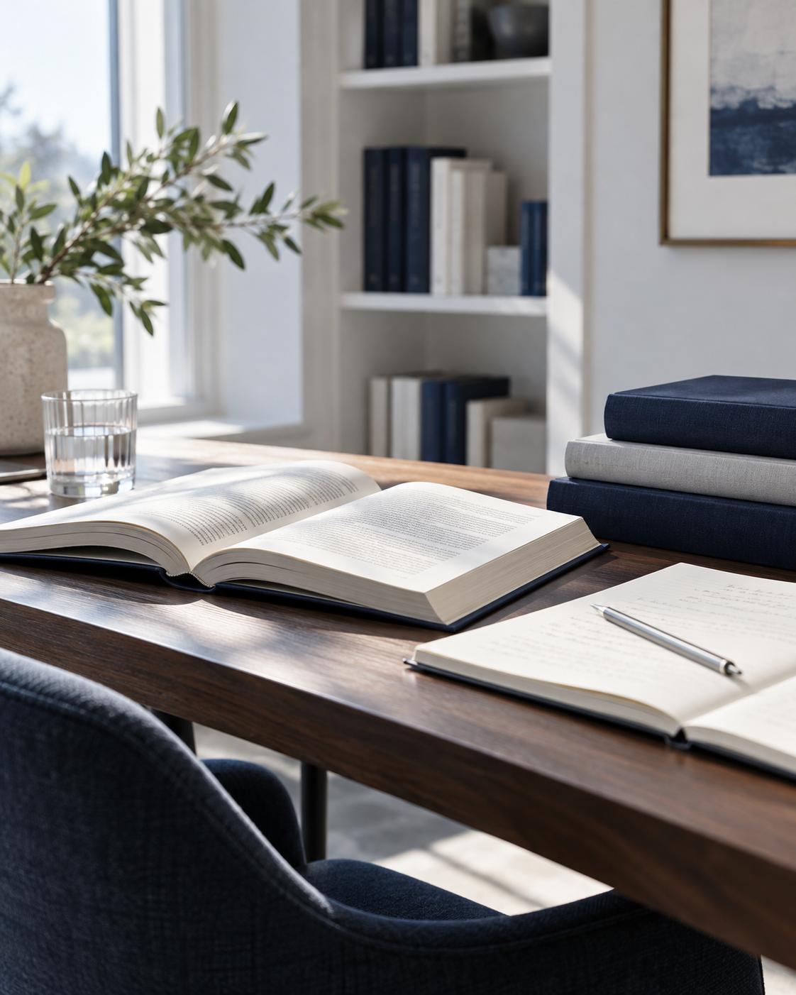 Conceptual research desk with open books, a notebook and navy-covered volumes